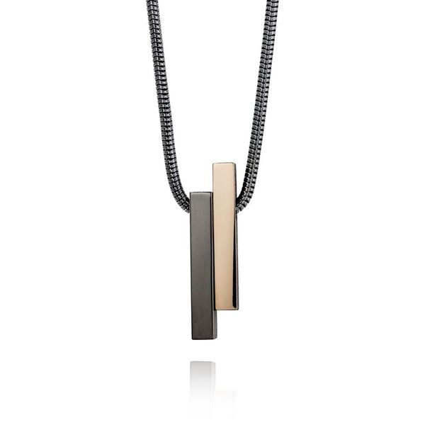 DUO pendant in 2 parts, 1 black rhodium-plated silver, 1 black rhodium-plated silver with gold plate