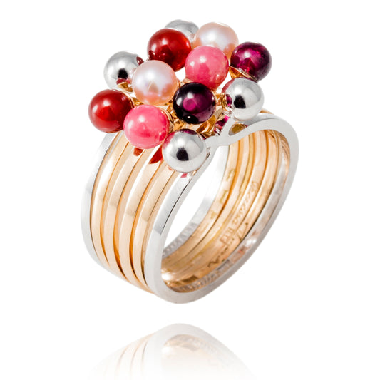 The Tale about the Rings combination 2 silver, 1 gold carnelian, 1 gold white pearl, 1 gold rhodonite, 1 gold garnet.